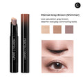 Perfect Diary #02 Cat Gray-Brown shimmer eyeshadow stick with open and closed tubes and eye swatches