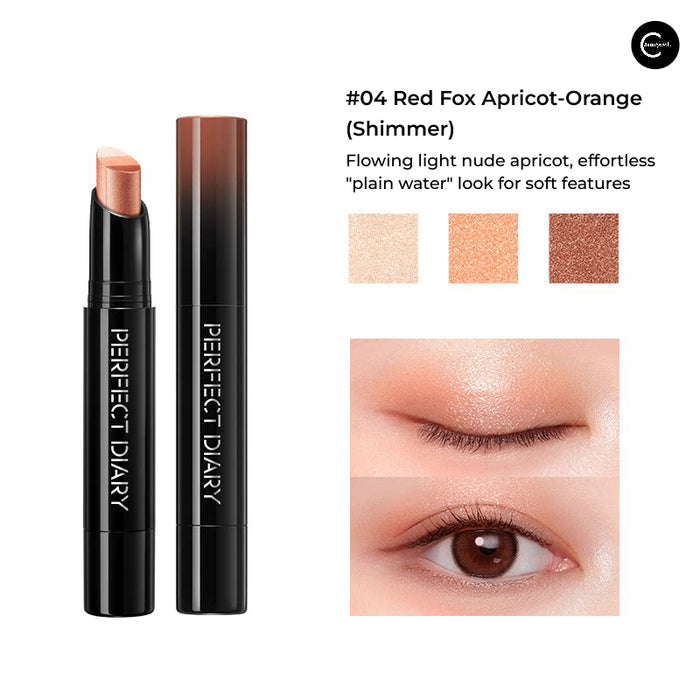 Perfect Diary #04 Red Fox Apricot-Orange shimmer eyeshadow stick, open and closed with swatches and eye makeup view