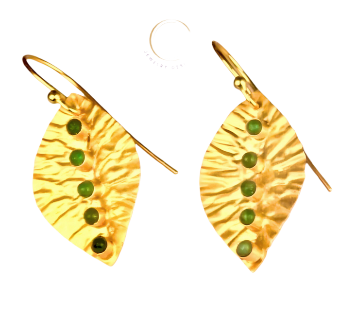 Petite 22k Gold Leaf Emerald Gemstone Earrings 1.0"
