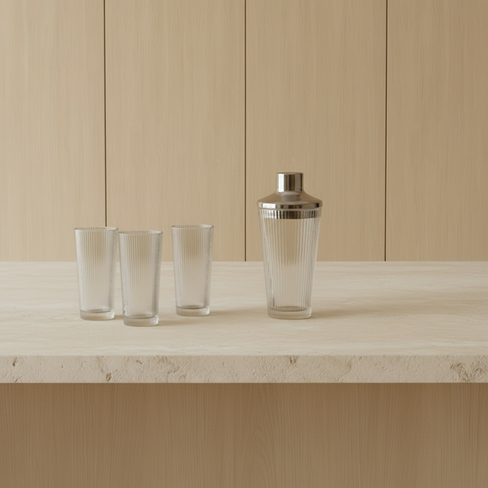 Pilastro Long Drink Glasses + Cocktail Shaker — Kitchen Counter Lifestyle