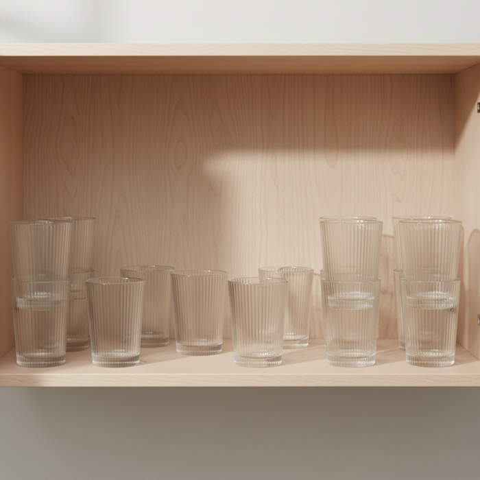 Ribbed glass tumblers inside cupboard on shelf
