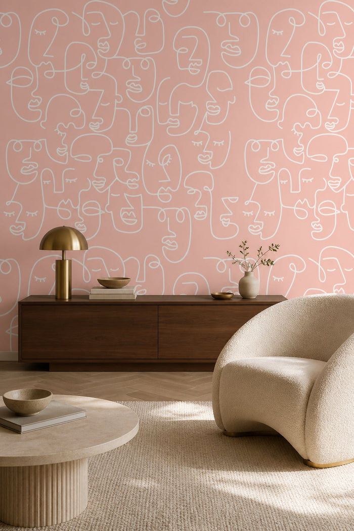 Pink Abstract Line Faces Wall Mural in a living room