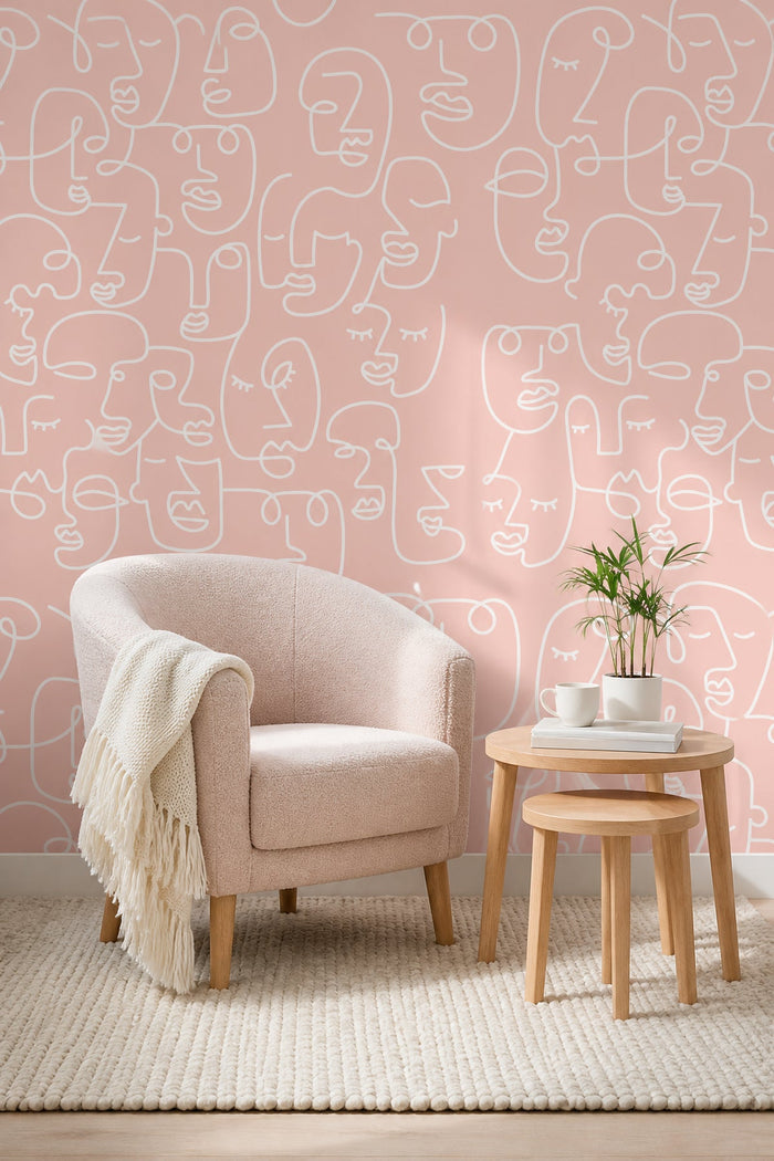 Pink Abstract Line Faces Wall Mural in a living room reading nook