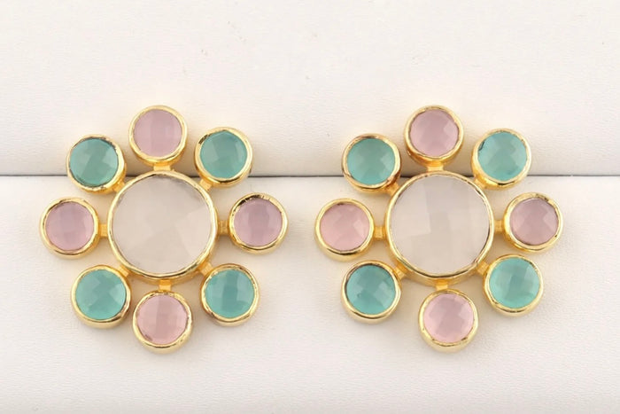 Pink, Aqua & White Gemstone Earrings 1”
