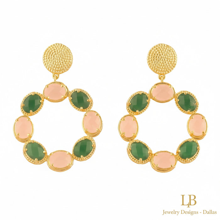 Pink Quartz & Green Onyx Gold Vermeil Circle Statement Earrings 2"