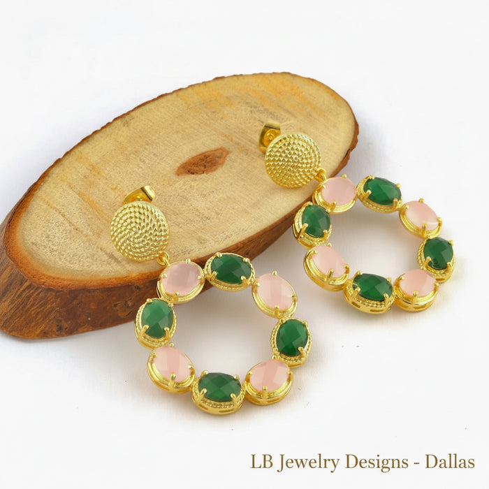 Pink Quartz & Green Onyx Gold Vermeil Circle Statement Earrings 2"