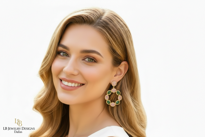 Pink Quartz & Green Onyx Gold Vermeil Circle Statement Earrings 2"