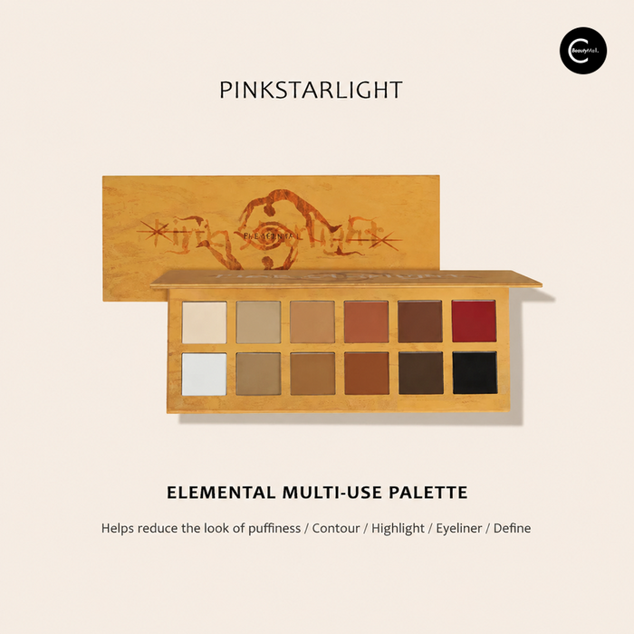 PINKSTARLIGHT multi-use face and eye palette with 12 neutral, red, and black shades, open view