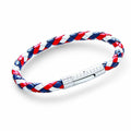 A plaited leather bracelet in red, white, and blue colors with a patterned stainless steel clasp.