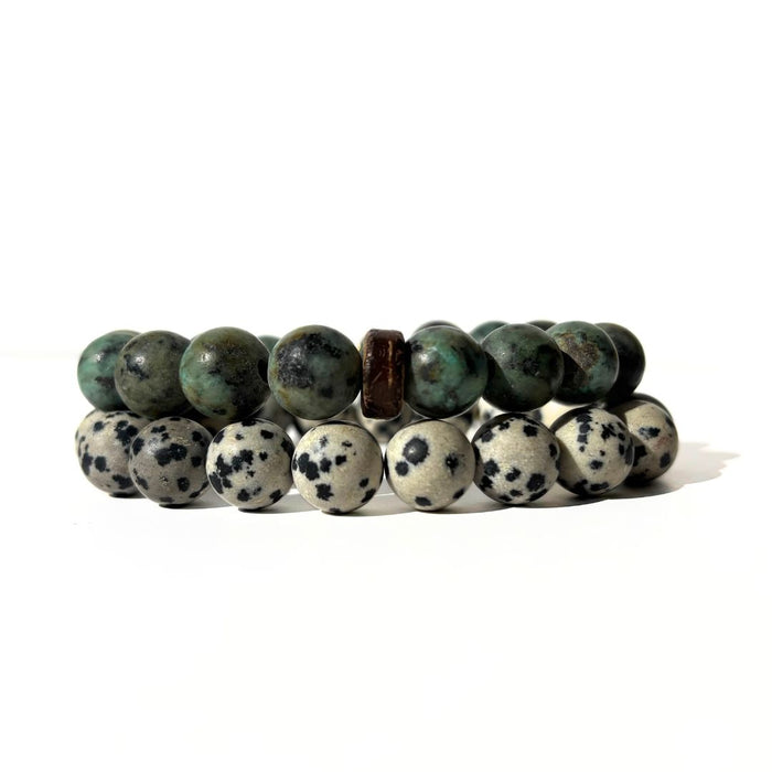 Power Stack | African Turquoise with Coconut + Dalmatian Jasper Bracelets