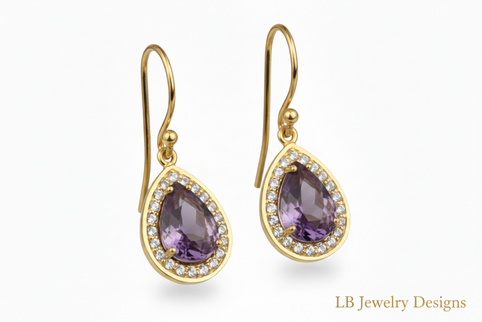 Purple Amethyst & White Topaz Gemstone Earrings 1”