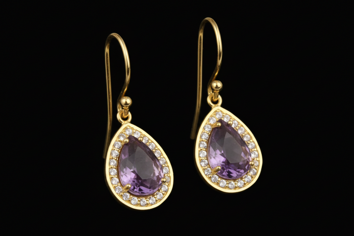Purple Amethyst & White Topaz Gemstone Earrings 1”