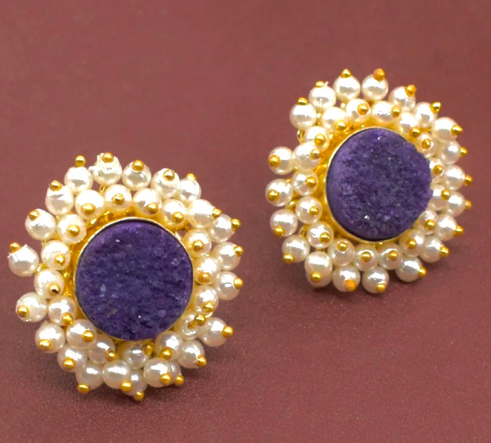 Purple Druzy and Pearl Cluster Gemstone Statement Earrings 1”