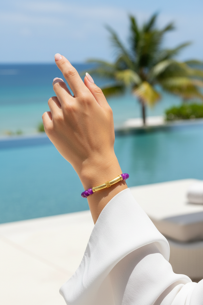 Purple Sugilite Gemstone & 18k Gold Vermeil Bali Tube Bracelet