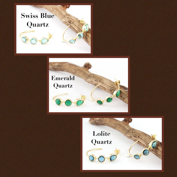 Quartz Gemstone Gold Hoop Earrings - Swiss Blue, Emerald & Blue Iolite Quartz - 14k Gold Plated  1.25”