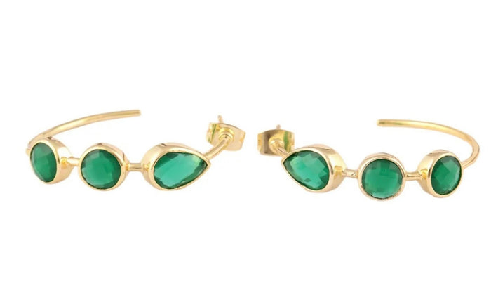 Quartz Gemstone Gold Hoop Earrings - Swiss Blue, Emerald & Blue Iolite Quartz - 14k Gold Plated  1.25”
