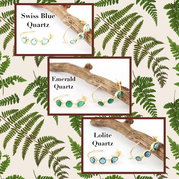 Quartz Gemstone Gold Hoop Earrings - Swiss Blue, Emerald & Blue Iolite Quartz - 14k Gold Plated  1.25”