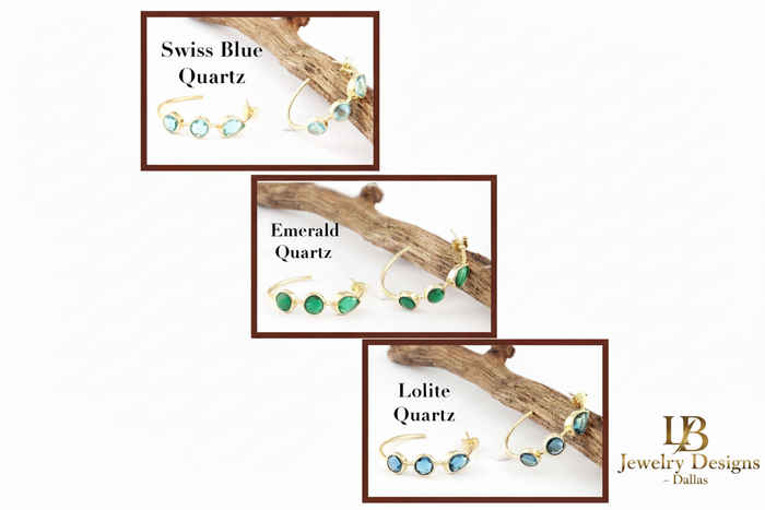 Quartz Gemstone Gold Hoop Earrings - Swiss Blue, Emerald & Blue Iolite Quartz - 14k Gold Plated  1.25”