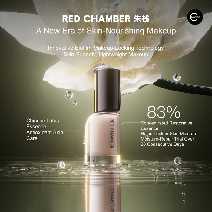 RED CHAMBER makeup foundation bottle in a water and flower-themed promotional image