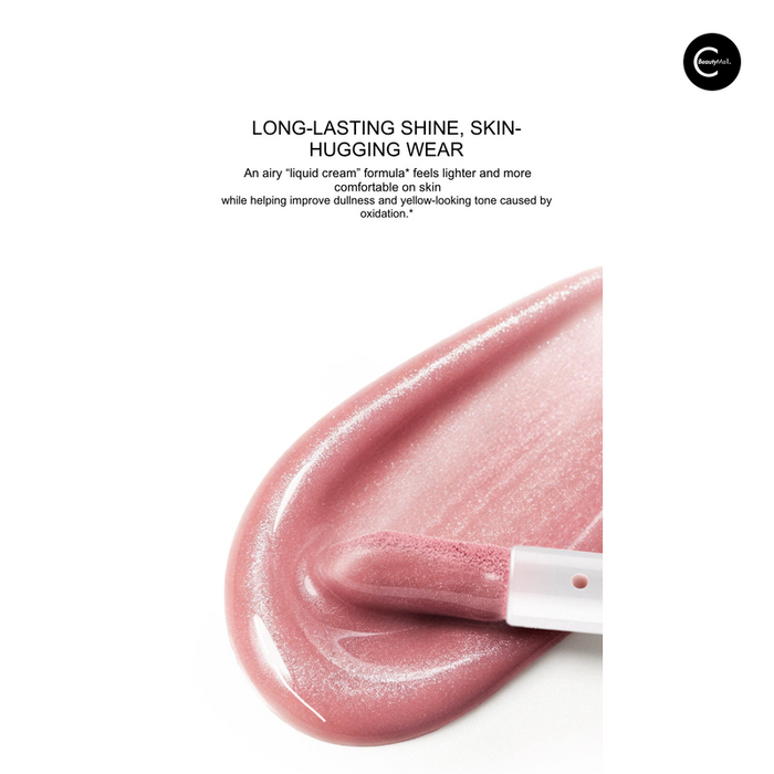 Pink-mauve liquid lip product swatch with applicator showing a glossy finish