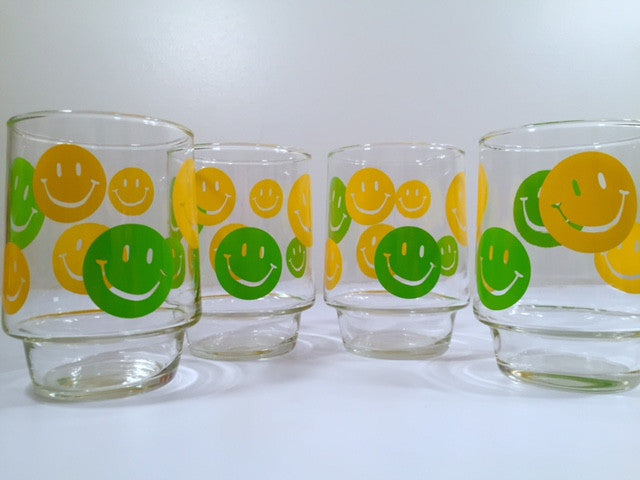 Retro Green and Yellow Smiley Face Glasses (Set of 4)