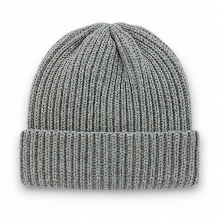 Light grey ribbed knit beanie with folded cuff on a white background with soft natural shadow.