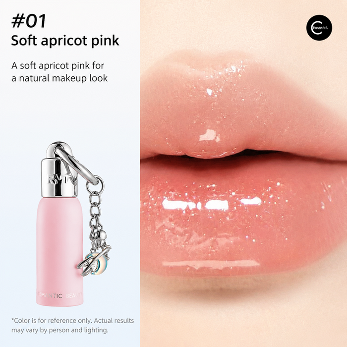 Romantic Beauty #01 soft apricot pink lip product with glossy lip swatch