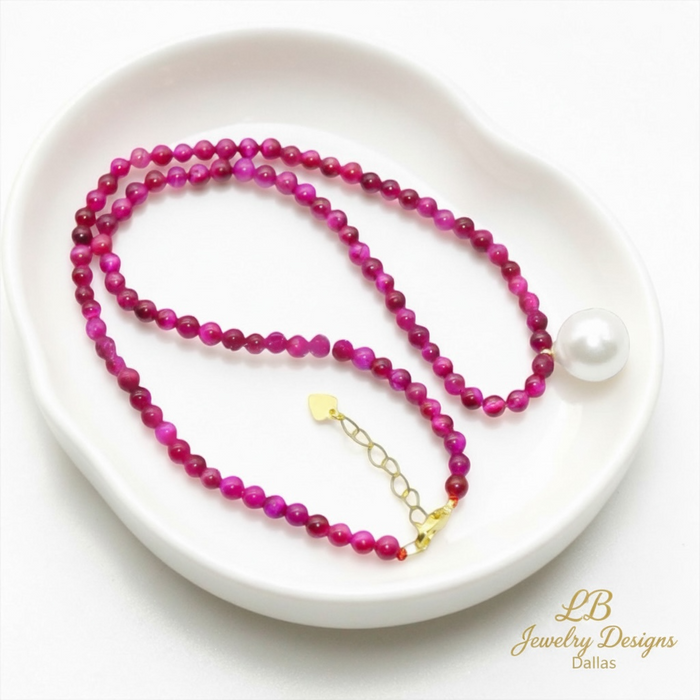 Rose Red Jade & Pearl Pendant Necklace