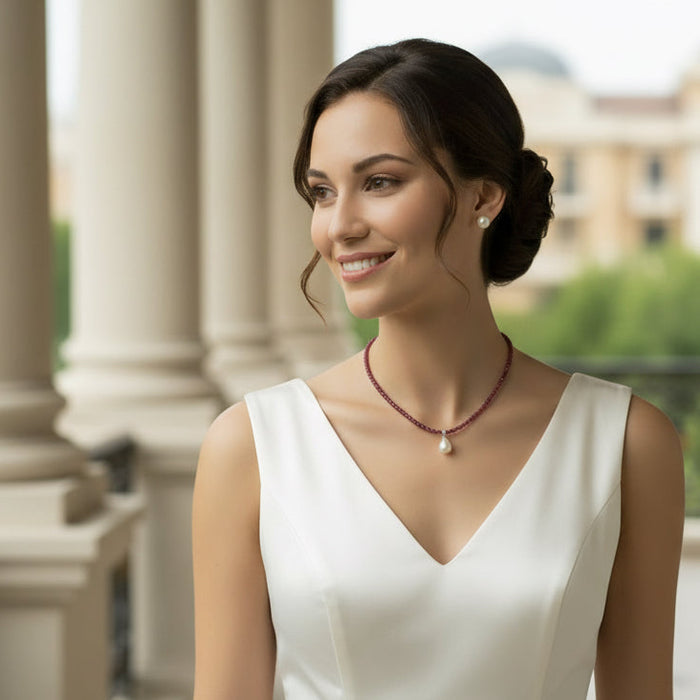 Rose Red Jade & Pearl Pendant Necklace