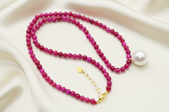 Rose Red Jade & Pearl Pendant Necklace