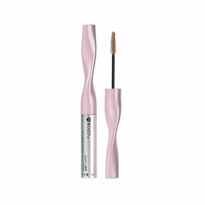 ROZO tinted brow gel tube with pink cap and open spoolie applicator on white background