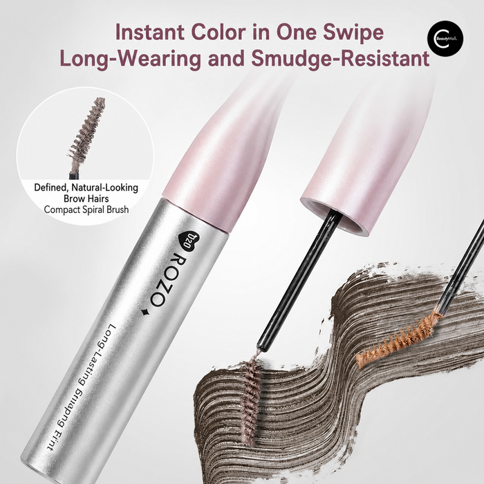ROZO 020 long-lasting brow tint, 3g, with spiral brushes and brown brow color swatches
