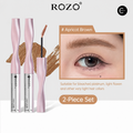 ROZO Apricot Brown eyebrow mascara, two pink 3 g tubes with wand, swatches, and model eye result