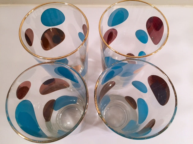 Russel Wright Mid-Century Bright Blue & 22-Karat Gold Eclipse Tall Collins Glasses (Set of 4)