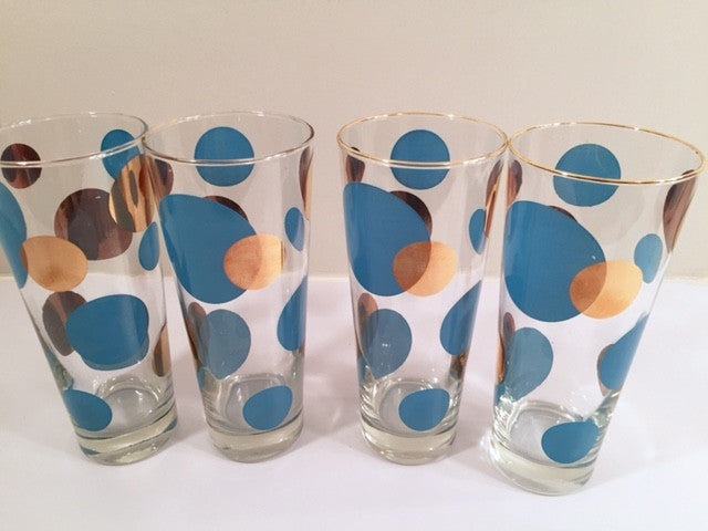 Russel Wright Mid-Century Bright Blue & 22-Karat Gold Eclipse Tall Collins Glasses (Set of 4)