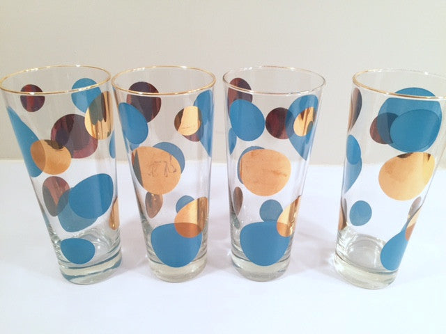 Russel Wright Mid-Century Bright Blue & 22-Karat Gold Eclipse Tall Collins Glasses (Set of 4)