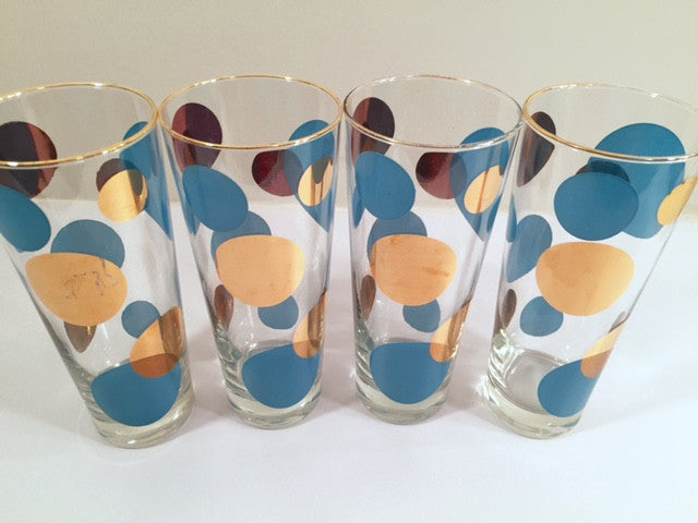 Russel Wright Mid-Century Bright Blue & 22-Karat Gold Eclipse Tall Collins Glasses (Set of 4)