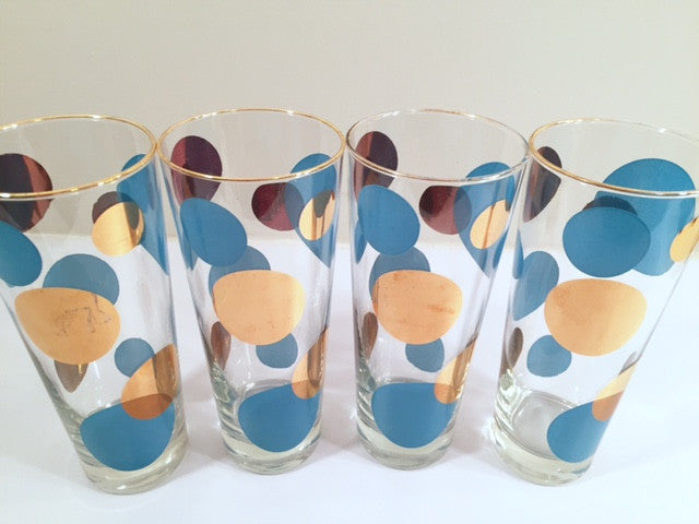 Russel Wright Mid-Century Bright Blue & 22-Karat Gold Eclipse Tall Collins Glasses (Set of 4)
