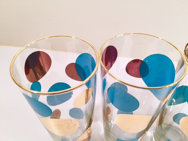 Russel Wright Mid-Century Bright Blue & 22-Karat Gold Eclipse Tall Collins Glasses (Set of 4)