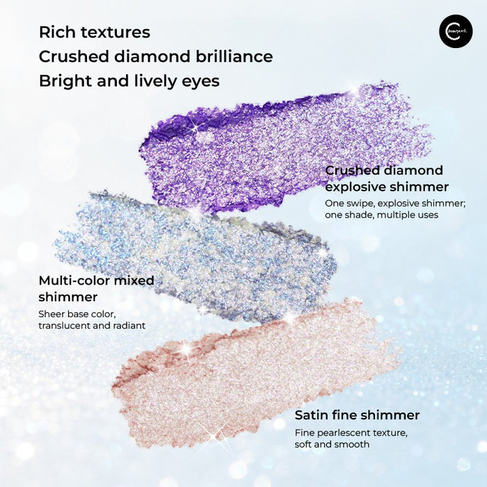 SheenEffect single eyeshadow shimmer swatches in purple, silver-blue, and pale pink