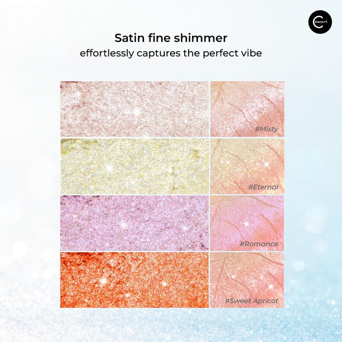 SheenEffect Diamond Highlighter Single Eyeshadow shimmer swatches in Misty, Eternal, Romance, and Sweet Apricot