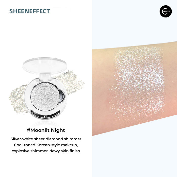 SheenEffect Diamond Highlighter Single Eyeshadow in Moonlit Night, open silver shimmer compact with arm swatch