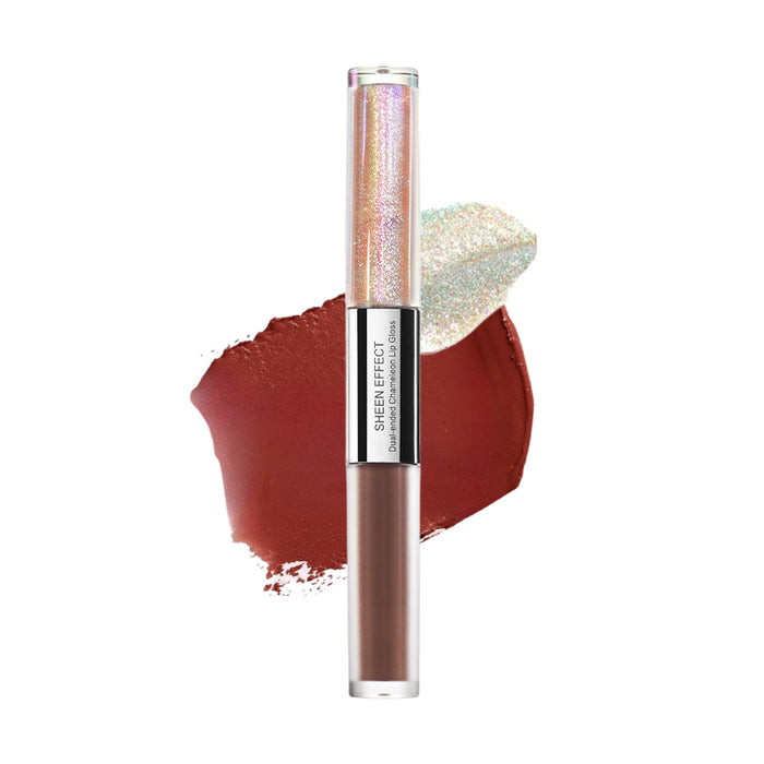 SheenEffect dual-ended lip glaze with a glitter finish and deep red-brown swatch