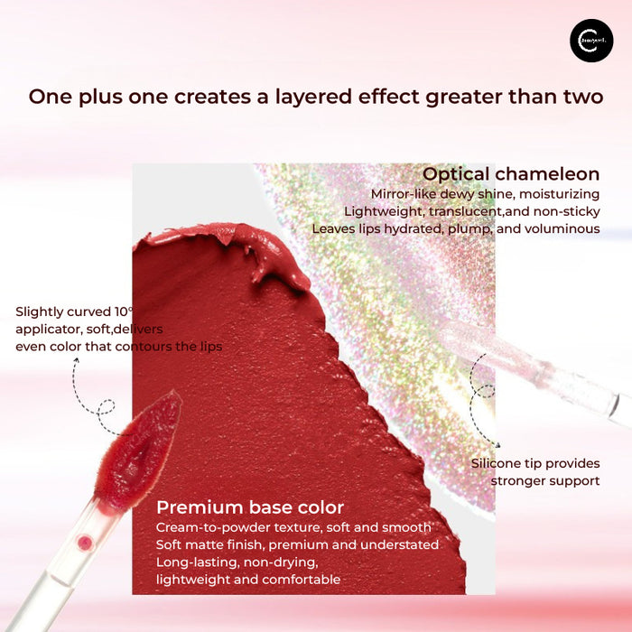 SheenEffect dual-ended lip glaze with red swatch and translucent glittery applicator detail