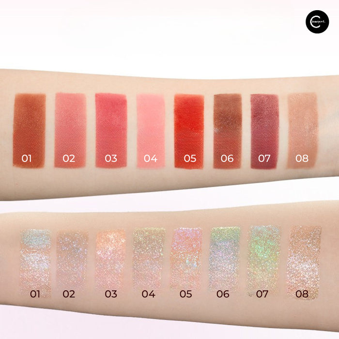 SheenEffect Optical Chameleon Dual-Ended Lip Glaze swatches in shades #01-#08, shown in two finishes