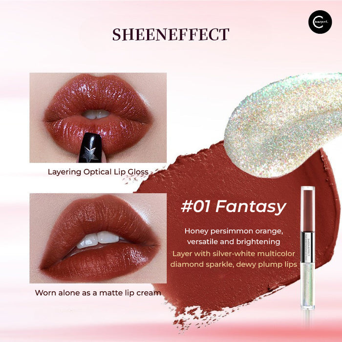 SheenEffect dual-ended lip glaze in #01 Fantasy, shown with matte brown-orange swatch, glitter gloss, and lip applications