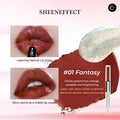 SheenEffect dual-ended lip glaze in #01 Fantasy, shown with matte brown-orange swatch, glitter gloss, and lip applications