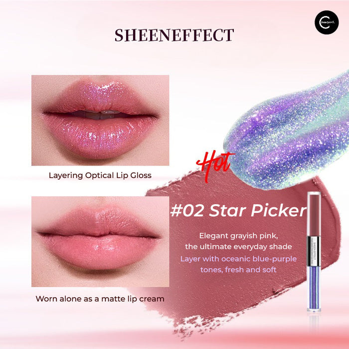 SheenEffect #02 Star Picker dual-ended lip glaze shown with tube and pink lip swatches
