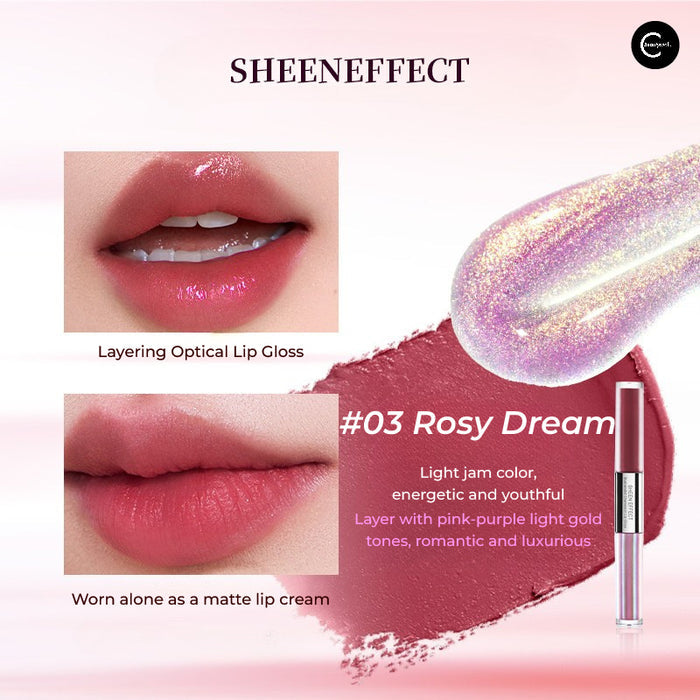 SheenEffect #03 Rosy Dream dual-ended lip glaze shown with glossy and matte lip looks