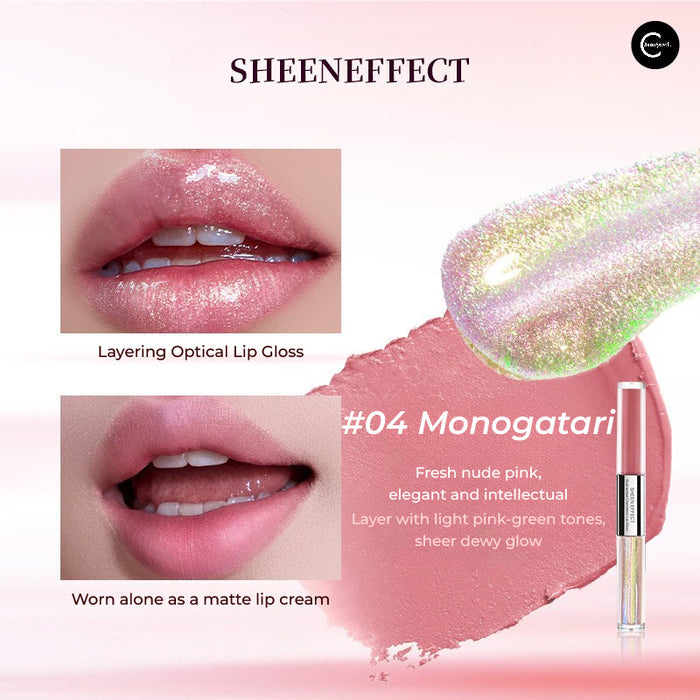 SheenEffect #04 Monogatari dual-ended lip glaze with pink lip swatches and product view